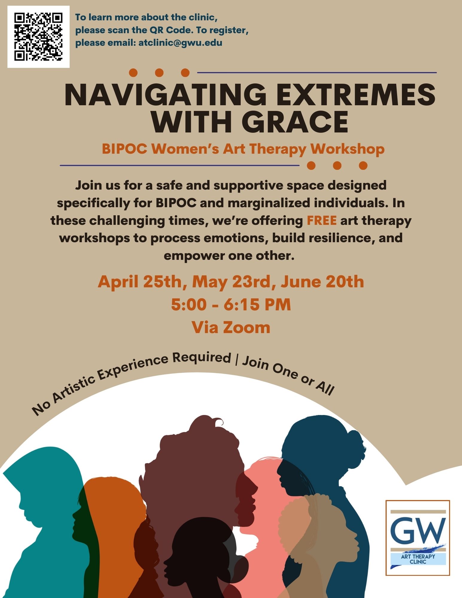 Navigating Exremes with Grace Flyer for monthly BIPOC Women's Art Therapy Workshops from April through June