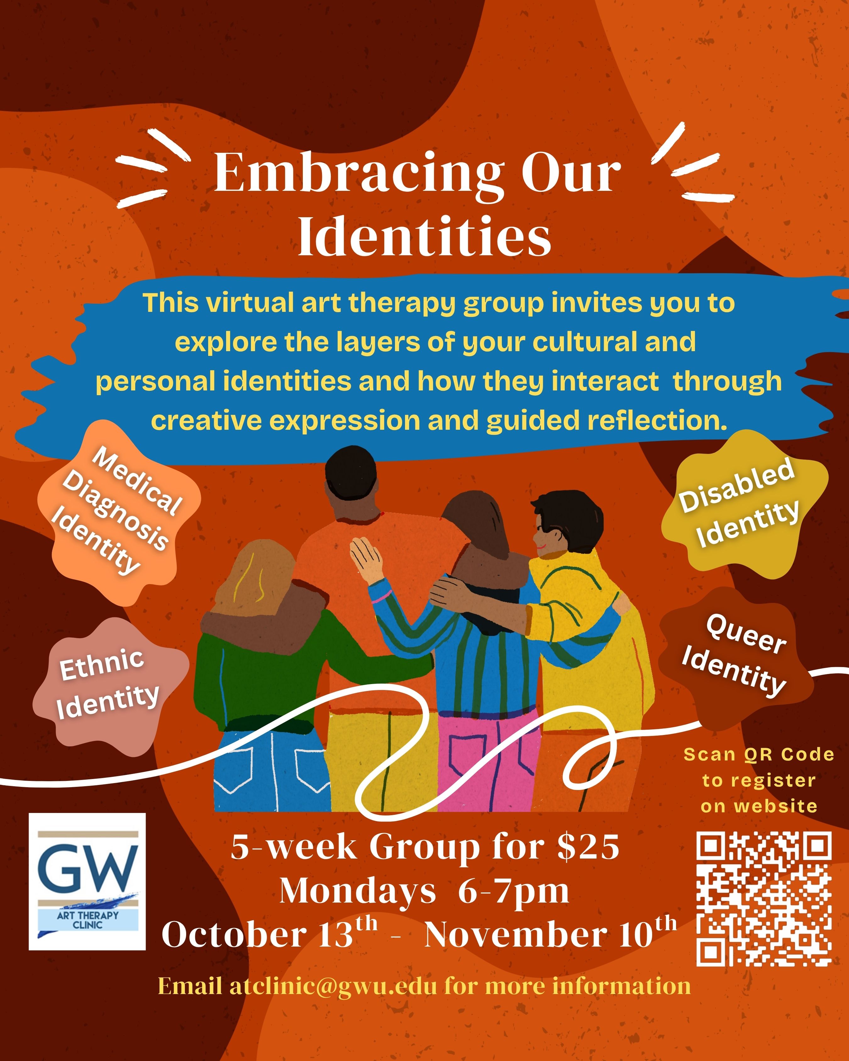 Embracing our Identities Art Therapy Group Flyer for 5 week Art Therapy group supporting identities in October