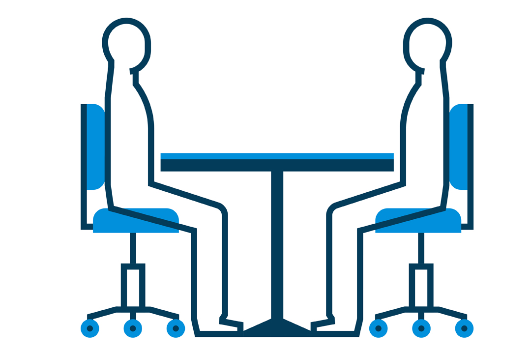 Graphic of two people seated in chairs across from each other at a table.