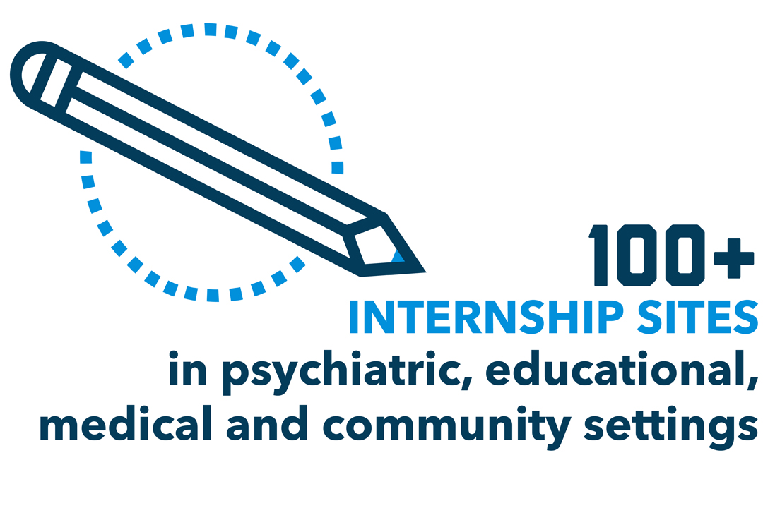 "100+ internship sites in psychiatric, educational, medical and community settings" with a graphic of a pencil in a dotted circle.