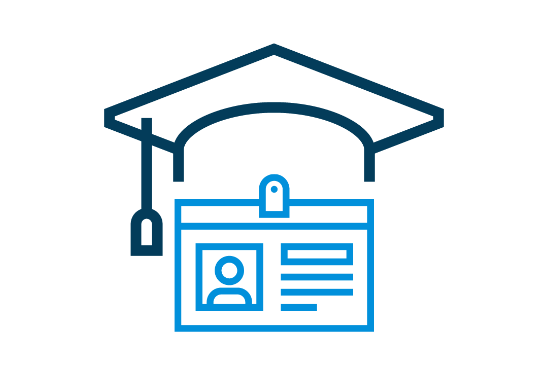 Illustration of a graduation cap with an ID badge in front