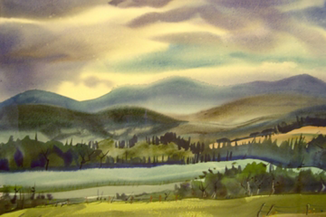 Landscape painting of forested hills beneath clearing clouds